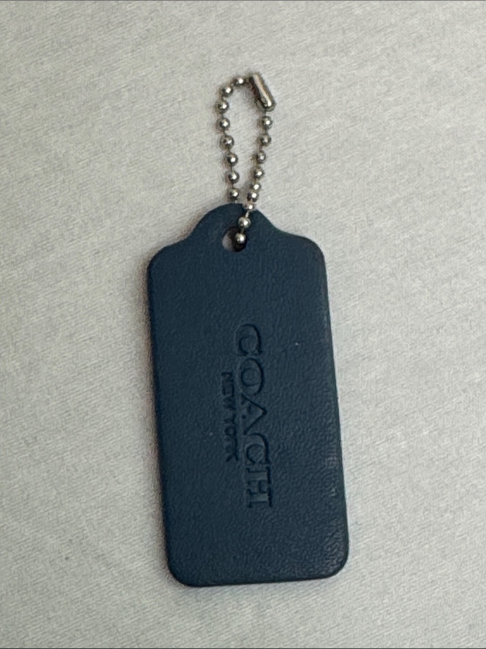 COACH Navy Leather Key Tag with Bead Chain